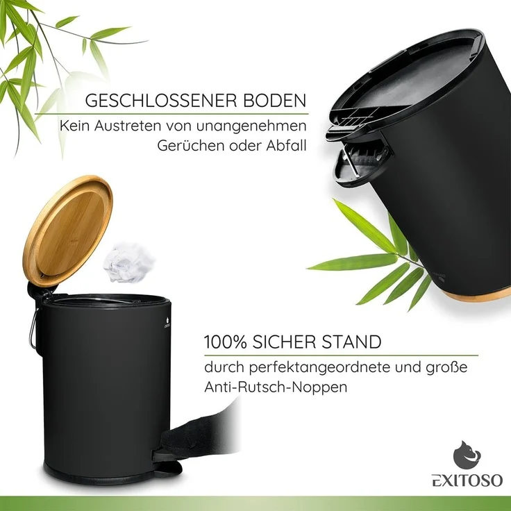 Exitoso Mülleimer 3 L leicht entleerbar Bambus, Kosmetikeimer WC-Eimer Tretmülleimer klein, mit Softclose-Funktion – Bild 3