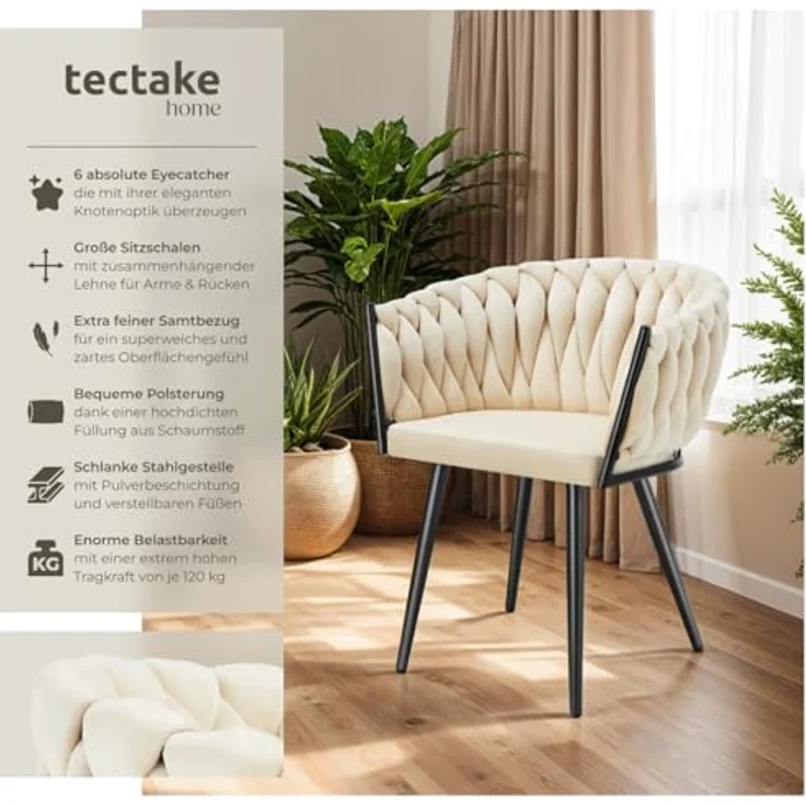 tectake Esszimmerstuhl Astano (6er Set, 6 St), gepolstert, mit Samtbezug, Knotendesign – Bild 4