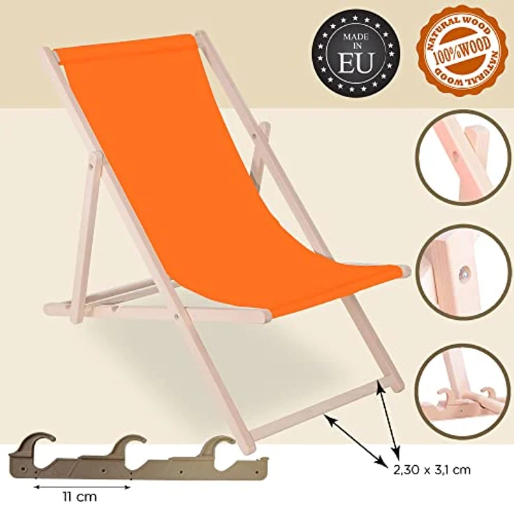 Selgros111 Klappbarer Holzliegestuhl DC0010, orange, 3-stufig verstellbar, stabiler Buchenholzrahmen, OEKO-TEX® Bezug – Bild 3