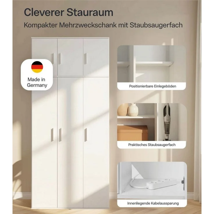 mokebo Mehrzweckschrank Trio Haushaltsschrank 3-türig Schrank weiß deckenhoch (89x230 cm, inkl. Staubersaugerfach + Aufsatz) Made in Germany, Putzschrank, Besenschrank, Flurschrank aus Holz – Bild 3