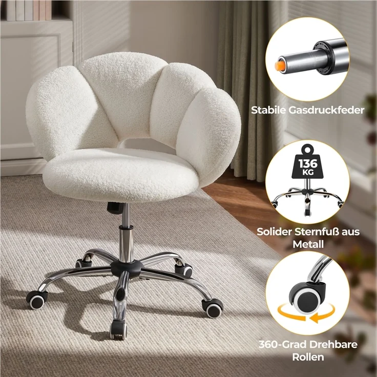 Yaheetech Drehstuhl mit Schaukelfunktion, Höhenverstellbar (45,5 - 56 cm), Bouclé-Gewebe, Weiß – Bild 5