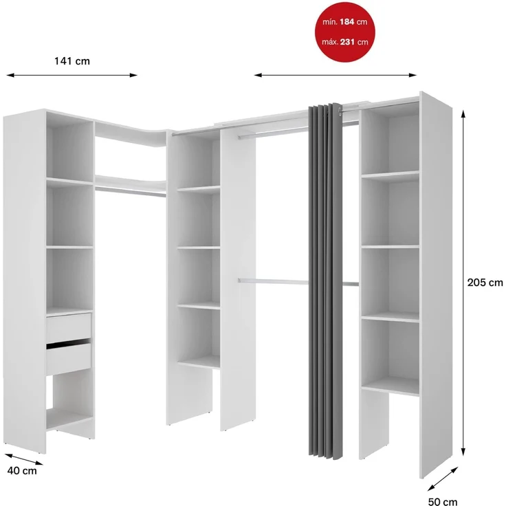 Dmora - Großer Kleiderschrank Bestone, Schlafzimmermöbel, Schrank, Garderobe, 234x141 h205 cm, Weiß – Bild 4