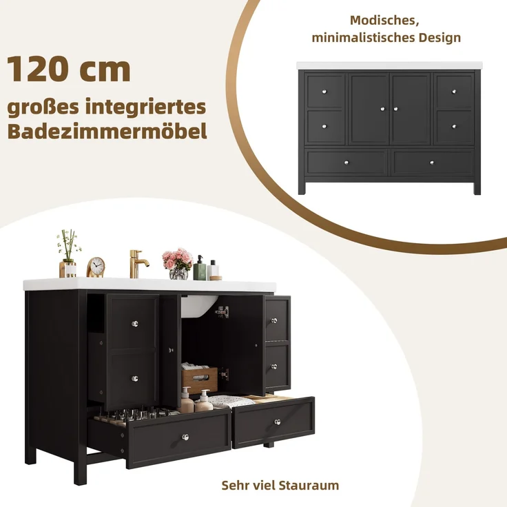 Standwaschtisch mit Kunstharzbecken, 120x50x86,5 cm, Schwarz – Bild 8