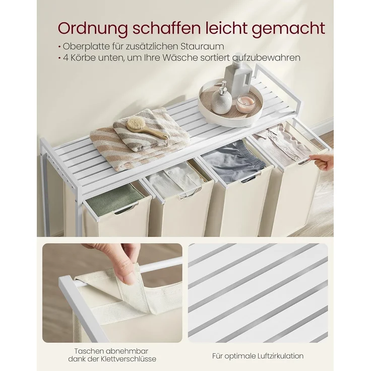 Vasagle Wäschekorb mit 4 Fächern, 4x40 L, Metallrahmen Weiß, 72 x 33 x 116 cm – Bild 2