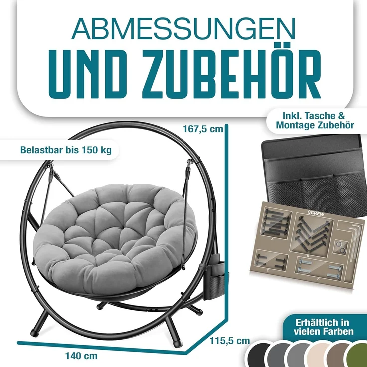 KESSER® Hängesessel mit Gestell BALI Hängeschaukel Hängestuhl bis 150kg für Indoor und Outdoor + Kissen & Seitentasche Hängekorb Stahlgestell & Schaumstoff Sitzpolster ideal für Wohnzimmer & Garten Grau – Bild 8