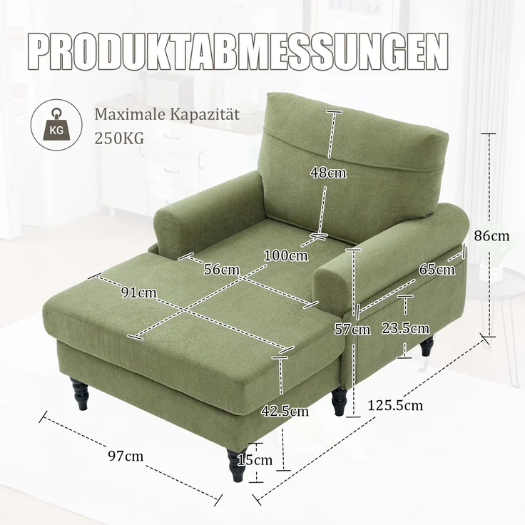 LVHOM XXL Relaxsessel mit Seitentaschen, Großer Chaiselongue-Sessel aus Chenille, Haustierfreundlich, Ergonomische Polsterung für Wohnzimmer, Büro, Wintergarten – Bild 7