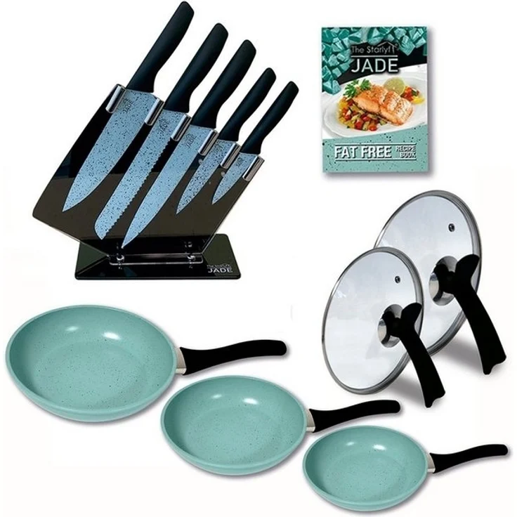 Starlyf Pfannen-Set Jade Pan Set + Jade Knife Series, Aluminium (Spar-Set, 11-tlg, 3 Pfannen, 2 Glasdeckel, 5 Messer, 1 Messerständer), Pfannen - Messerset - Messerblock – Bild 4