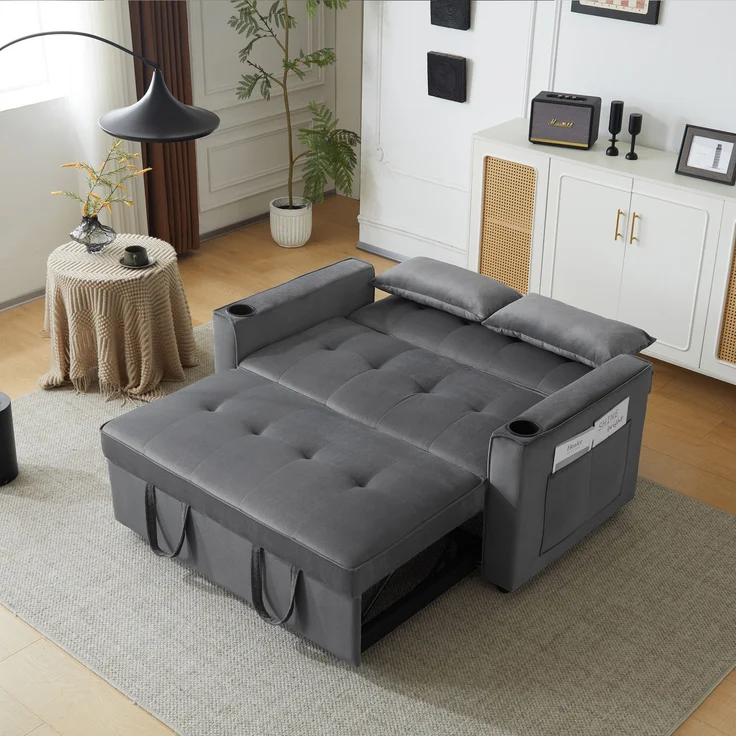 Multifunktions-Schlafsofa Samt Grau, 3-fach verstellbar mit Getränkehalter, 137x76,5x83 cm – Bild 2