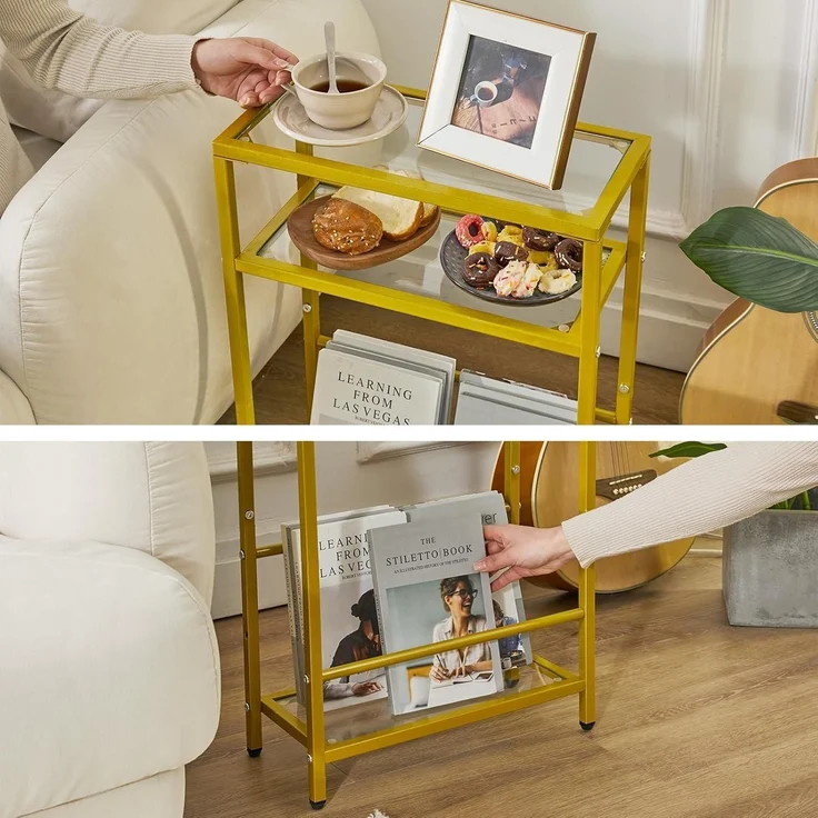 Beistelltisch Glastisch Zeitschriftenhalter 3 Etagen Sofa Goldfarben – Bild 6