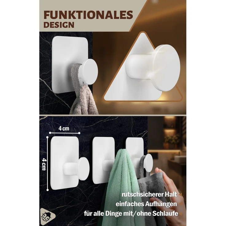 Lindenstein Wandhaken 6er-Set Weiß – Edelstahl V2A, 3M-Pads, ohne Bohren – Bild 3