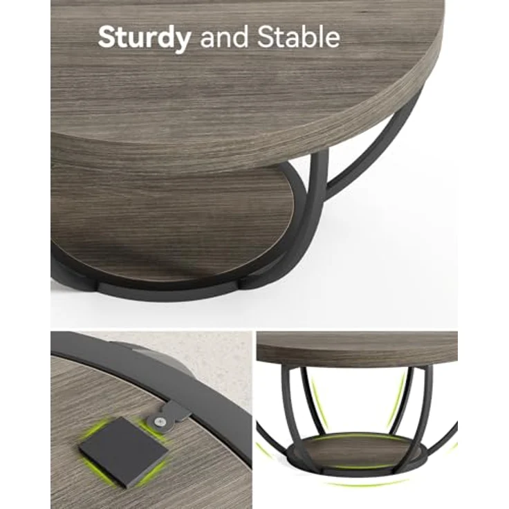 LITTLE TREE Runder Couchtisch, 81,3 cm, runder Couchtisch für Wohnzimmer, Mitteltisch aus Holz mit 2 Ebenen, mit offenem Stauraum, Wohnmöbel im industriellen Design (braun und schwarz) – Bild 7