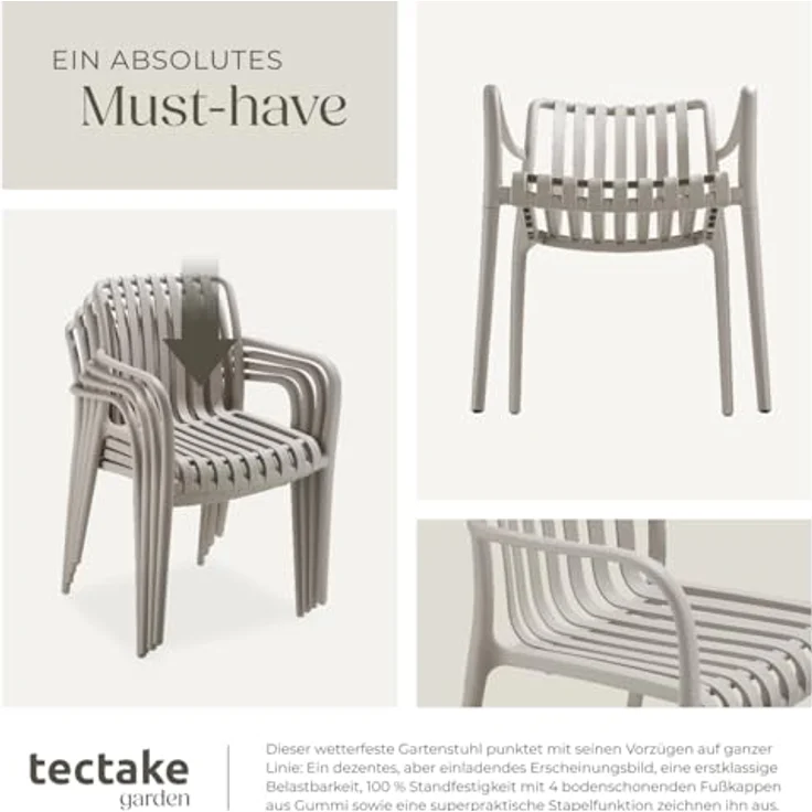tectake® Gartenstühle stapelbar, Gartenmöbel Set, Balkon Möbel, Bistro Set, Sessel, Outdoor Möbel, Balkonmöbel, Terrassenmöbel - Taupe, 6er Set – Bild 8