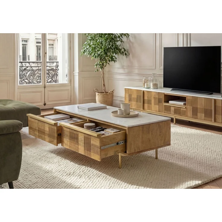 Couchtisch Mango 120x60x45 hellbraun geölt / Marmor weiß MIAMI #110 – Bild 4