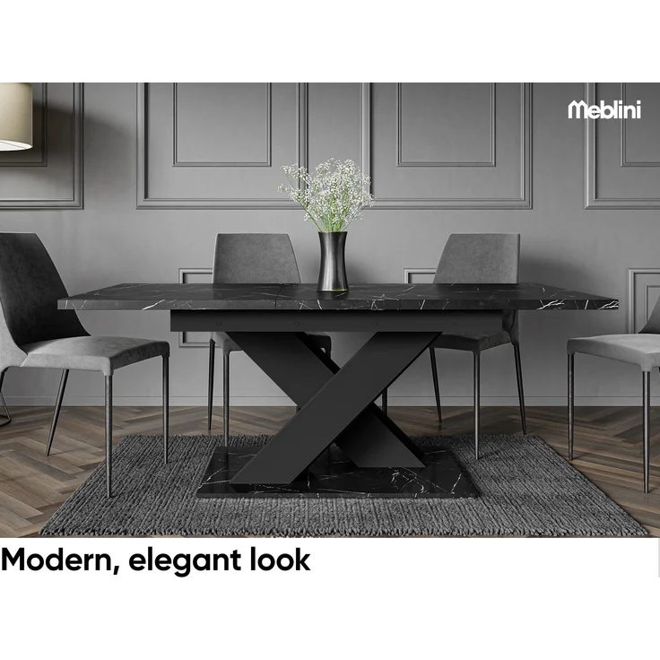 MEBLINI Esstisch Ausziehbar - 140-180x80x75cm - BRONX - Schwarz Marmor/Schwarz Matt - Esszimmertisch Modern - Küchentisch - Säulentisch - Ausziehtisch - Dining Table – Bild 5