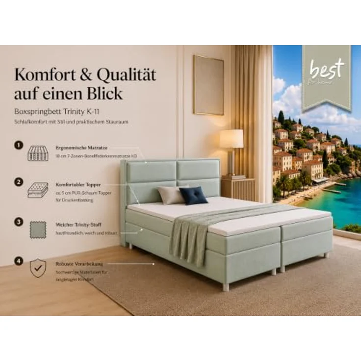 Best For Home Boxbett Trinity K-11, Mintgrün, Boxspringbett mit Bettkasten, 180x200 cm, Höhe ca. 18 cm – Bild 4