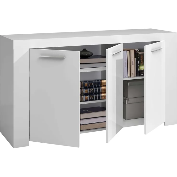 Sideboard mit drei Türen mit drei Innenregalen, mattweiße Farbe, Maße 144 x 80 x 42 cm