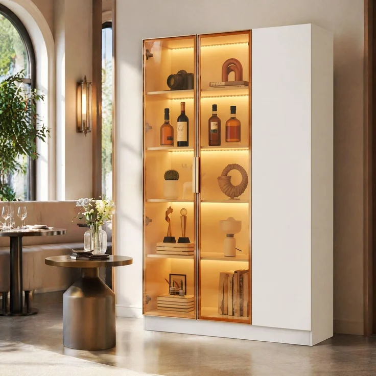 Vitrinenschrank 110 x 35 x 165 cm aus MDF mit Sicherheitsglas und LED – Bild 2