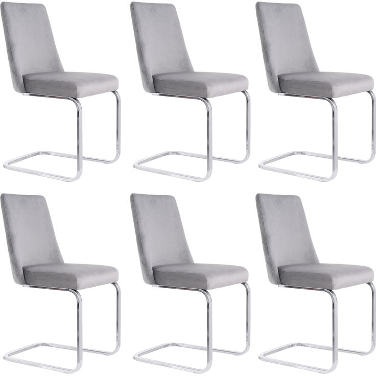 Merax Samt-Esszimmerstuhl, 6er-Set, Wohnzimmer, Schlafzimmer, Lounge-Sessel, Diamant-Rücken-Design, mit silbernen Metall-Stützbeinen, Grau+Silber