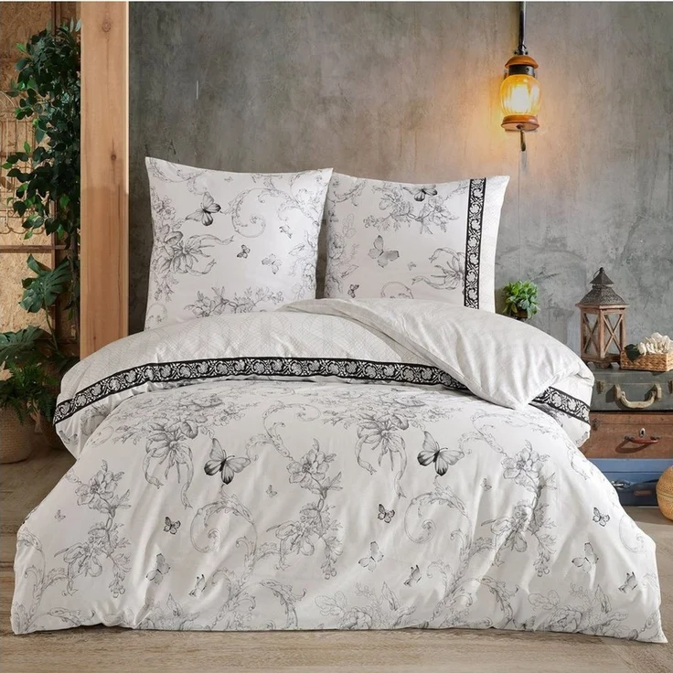 Buymax Bettwäsche Alegra, Renforcé: 100% Baumwolle, 4 teilig, 155x220 cm mit Reißverschluss, Geblümt Schmetterlinge, Schwarz Weiß – Bild 1