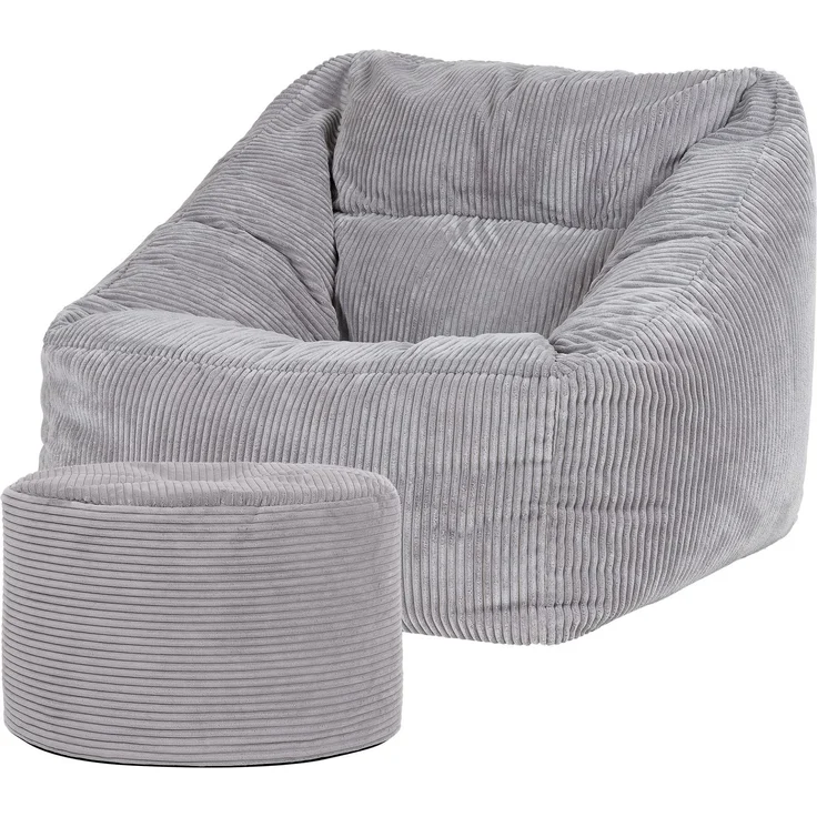 Icon Natalia Sitzsack Sessel mit Hocker für Erwachsene, Grau, Flauschiger Cord Stoff, Riesen Sitzsack Cord mit Füllung, Bean Bag Chair, Bequemer Sessel Wohnzimmer, Lounge, Schlafzimmer, Büro