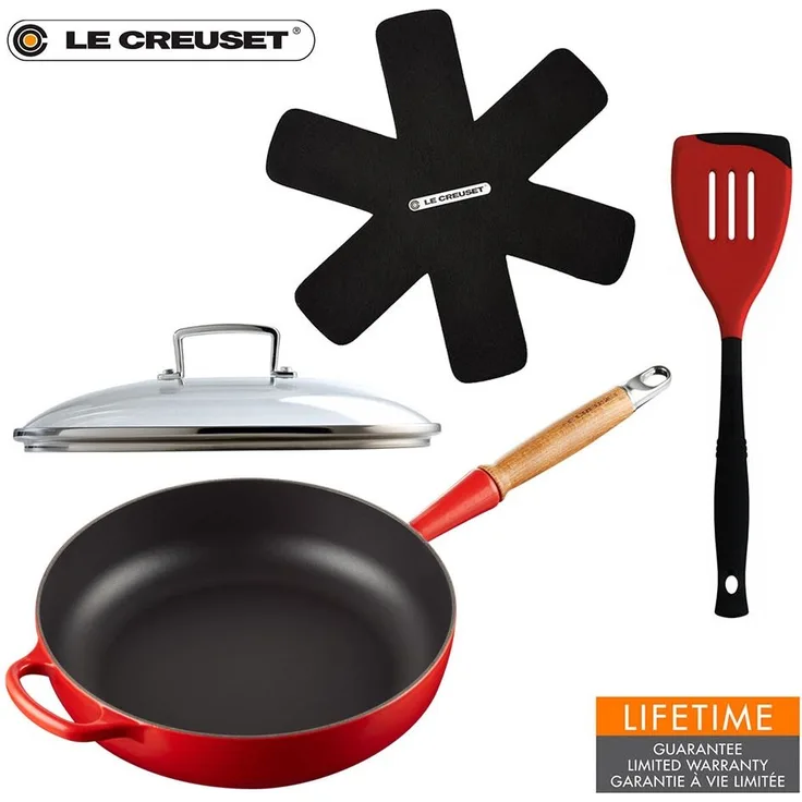 Le Creuset Sautépfanne 28 cm kirschrot mit Glasdeckel Wender Pfannenschutz - Rot - 25 bis 28 cm