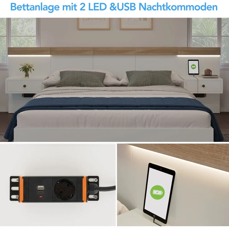 EINHOM Doppelbett Bettanlage mit 2 LED Nachtkommoden & USB C Steckdose 180 x 200 cm Holzbett Inkl 2 Nachttischen Schlafzimmer Komplett--205 x 284 cm × 90,5 cm (t/B/H) Set in Eiche Sonoma/Weiß, (Ohne Matratze) – Bild 3