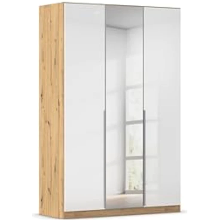 Rauch Möbel Alabama, Kleiderschrank für Schlafzimmer, Kinderzimmer, Wohnzimmer, Garderobe, Flur, 3-türig, Spiegel, mit Zubehör Classic, Farbe Weiß Hochglanz/Eiche Artisan, Holz, Breite 136 cm – Bild 1