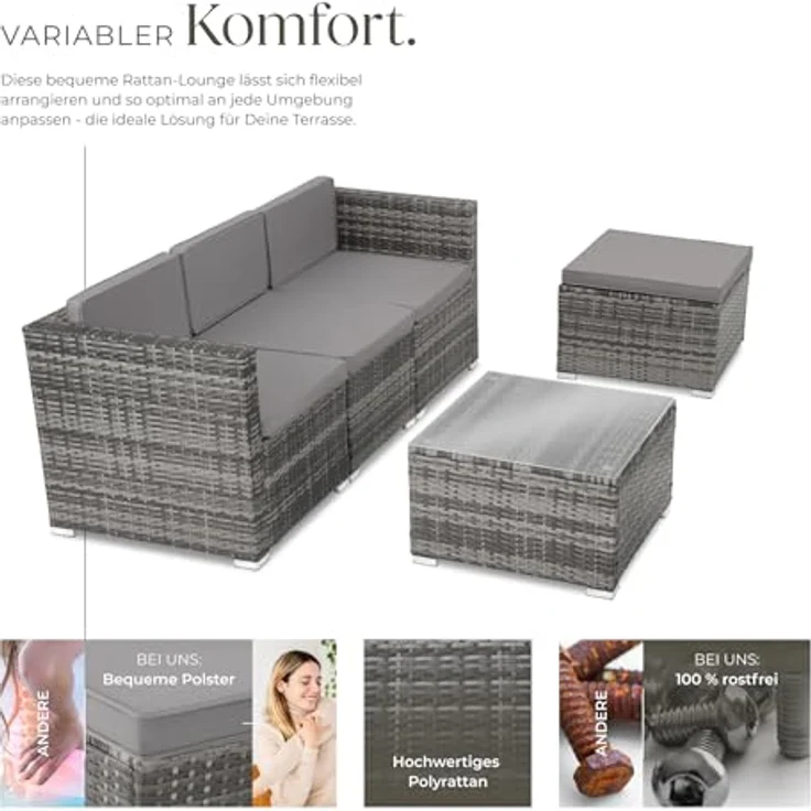 tectake® Poly Rattan Lounge, Outdoor Sitzgruppe, Set mit Sofa Sessel, Hocker, Tisch, frei kombinierbar, Sitzecke für 3-4 Personen, Möbel wetterfest für Garten Terrasse Balkon - grau – Bild 3