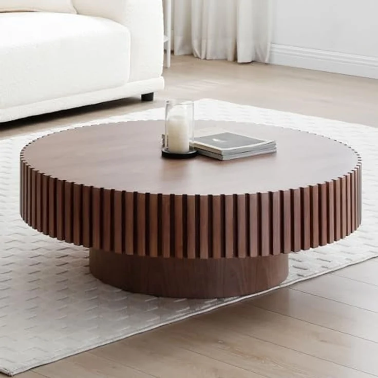 NJLyuhome Round Coffee Table with Grooved Edge, Solid Wood, 3 Colors (Walnut, Black, Natural) for Modern Living Room – Bild 2