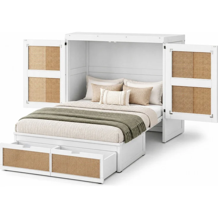 CHICFURN Bett aus Holz Weiß 140x200 cm mit Stauraumschubladen und Rattan-Design – Bild 7