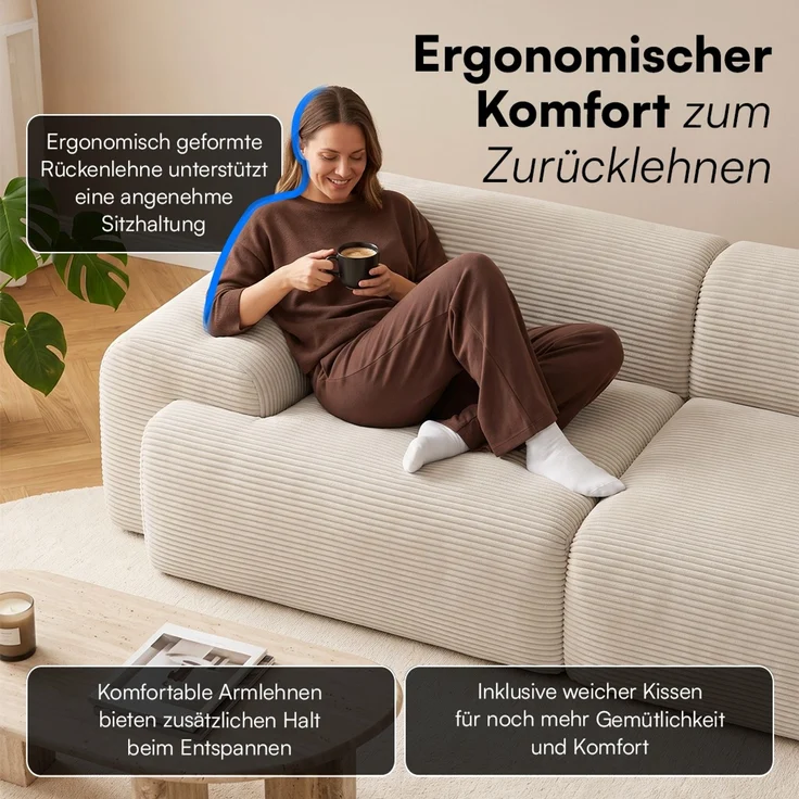 skølm 'Menja' Sofa 3-tlg mit Hocker, 3er Sitz mit 3 Kissen, Cord beige, Vollschaumcouch mit Federkern und Vakuum-Kompression, kein Aufbau erforderlich – Bild 6