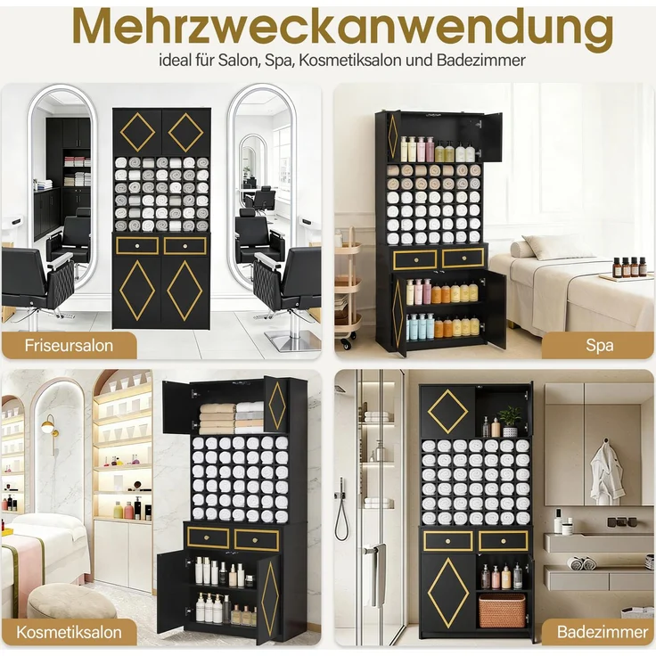 BarberPub Handtuchschrank mit 2 Schubladen, 42 Offenen Fächern & 4 Schränken, Badezimmerschrank Schwarz, Hochschrank Aufbewahrungsschrank Holz für Friseursalon, Schönheitssalon 40x80x180 cm, R6194 – Bild 7