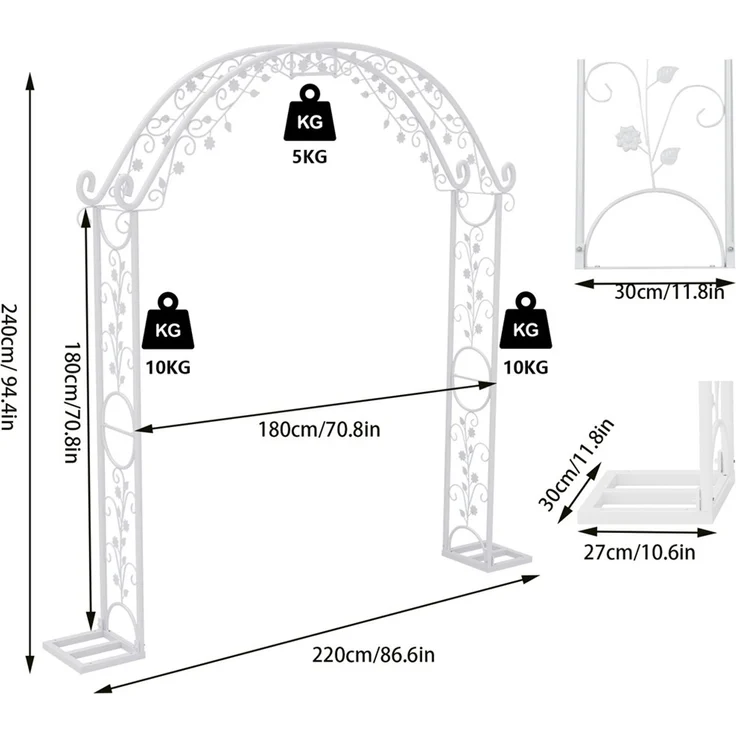 UNHO Gartenbogen aus Metall Weiß 220 x 30 x 240 cm – Bild 5