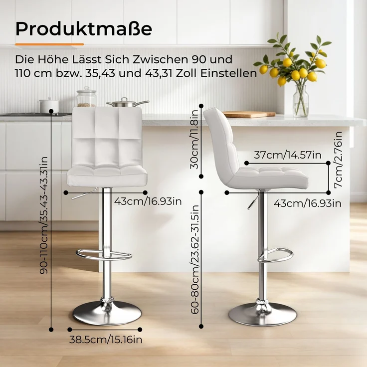 Botifly 2er Set Barhocker Weiß Kunstleder, Höhenverstellbar 60-80cm, 360° Drehbare Barstühle mit Fußstütze, Gepolsterte Theke Hocker für Küche & Bar, SGS Zertifiziert, 46 x 45 x 55 cm – Bild 4