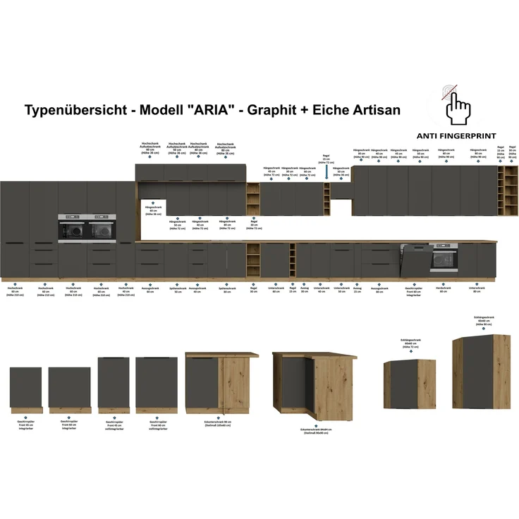 Küchen Aufsatzschrank 60 cm ARIA Graphite ultra matt + Eiche Artisan matt, hochwertige Fronten mit Anti Fingerprint Beschichtung Küchenzeile Küchenblock – Bild 6