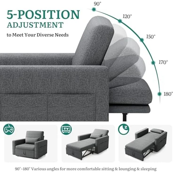 YITAHOME Schlafsessel mit Bettfunktion 192×88 cm, 3-in-1 Ausziehbares Schlafsofa, Verstellbares Einzelsessel mit Kissen und Seitentasche, Sofa mit Schlaffunktion für Wohnzimmer Wohnung, Hellgrau – Bild 6