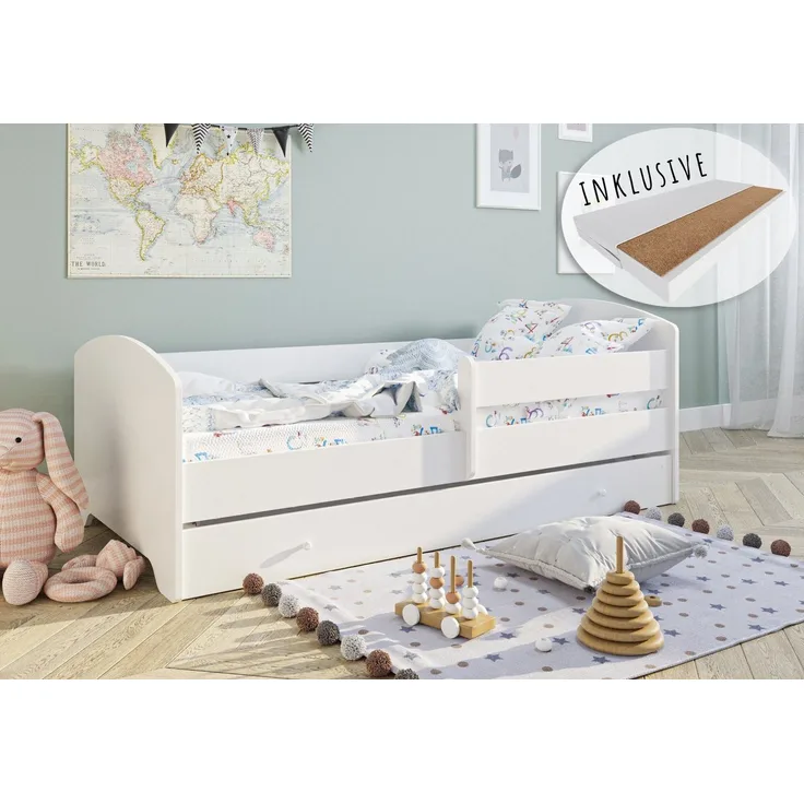 Kinderbett 160x80 cm mit Matratze und Schublade, Rausfallschutz & Lattenrost in weiß Skandi