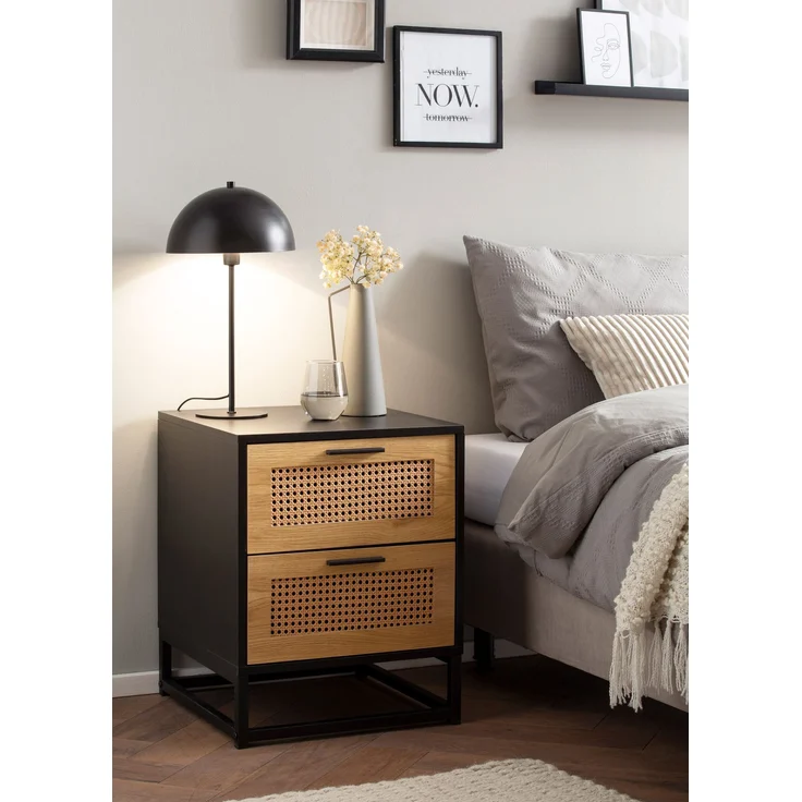 FineBuy Nachtkonsole Schwarz mit Wiener Geflecht 45x45x56 cm Nachttisch Zeitlos, Nachtkommode Boxspringbett mit Schubladen, Nachtkästchen mit Stauraum – Bild 2