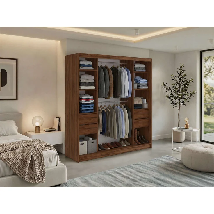 Kleiderschrank LAOS 200 cm Schiebetürenschrank Warmia-Nuss mit Akustikpaneel-Design (Lamellen) Schwarz & Spiegel, Inkl. Innenausstattung - mit Schubladen – Bild 3