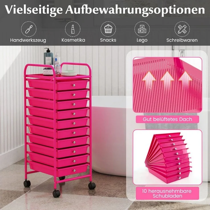 COSTWAY Rollwagen, mit 10 stapelbaren Schubladen, auf Rollen Metallgestell – Bild 3