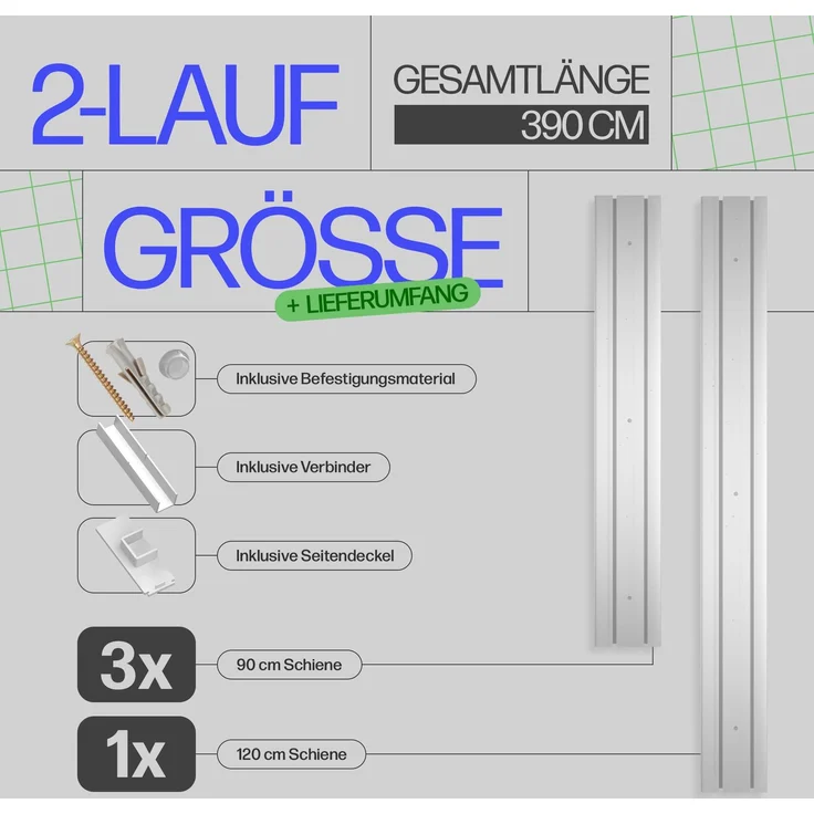 Bestlivings Gardinenschiene ( Weiß ) 390cm (3x90/1x120 cm) 2-läufig – Bild 2