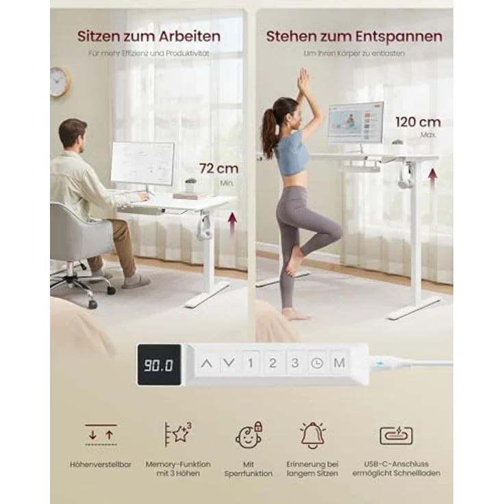 VASAGLE Höhenverstellbarer Schreibtisch, 180x80 cm, USB-C-Anschluss, Ablage für Steckdosenleiste, Stehtisch, Erinnerung bei langem Sitzen, 3 Speichertasten, für Büro, mattweiß LSD148WZ02 – Bild 7