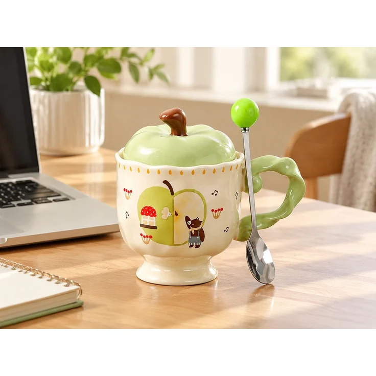Keramiktasse in Apfelform mit Deckel und Löffel Kaffeetasse Grün 14 x 10 x 14 cm – Bild 2