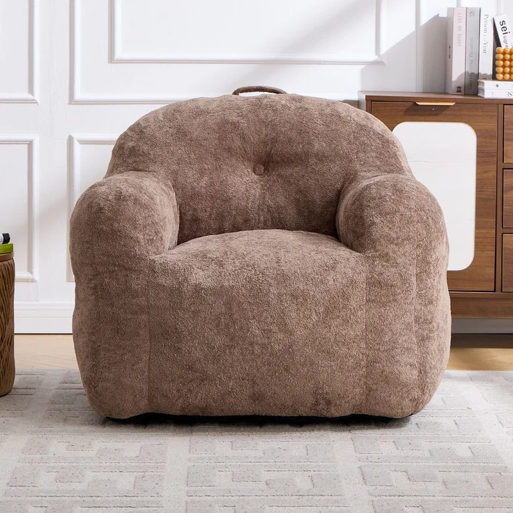 Sitzsack-Sessel in Lammfell-Optik, ergonomische Rückenlehne, 95×95×79 cm, Khaki – Bild 4