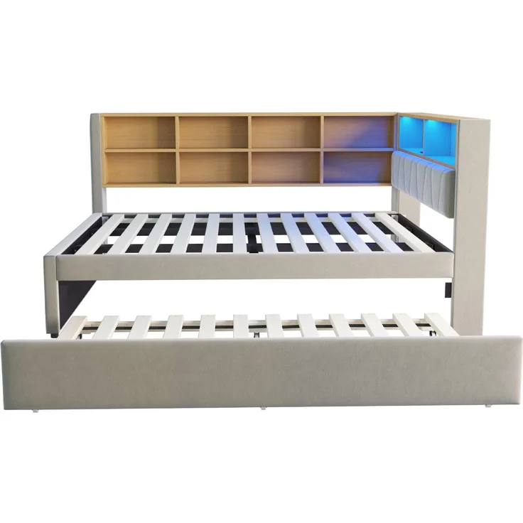Multifunktionales Schlafsofa 140x200 cm mit Ausziehbett, LED-Leuchten, USB & Typ-C Ladeanschluss, Stauraum,Hellgrau – Bild 10