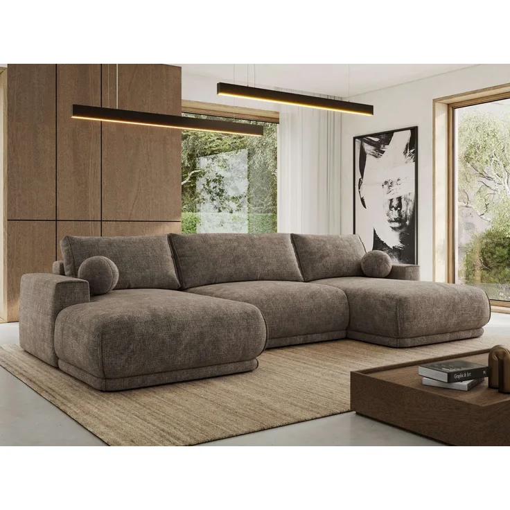 XXL Wohnlandschaft RINA U-Form 360 cm breit, Sofa mit Schlaffunktion & DL-Mechanismus, Wellenfederung, modern freistehend - Braun Schenille grob gewebt