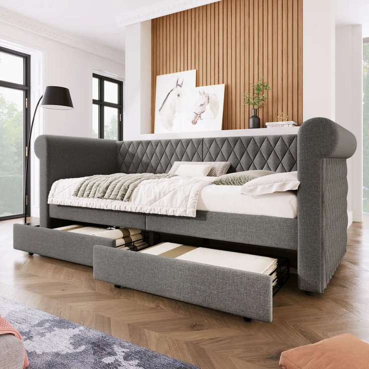 Polsterbett 90x200 cm mit 2 Schubladen – elegantes Schlafsofa in Grau, ohne Matratze – Bild 4