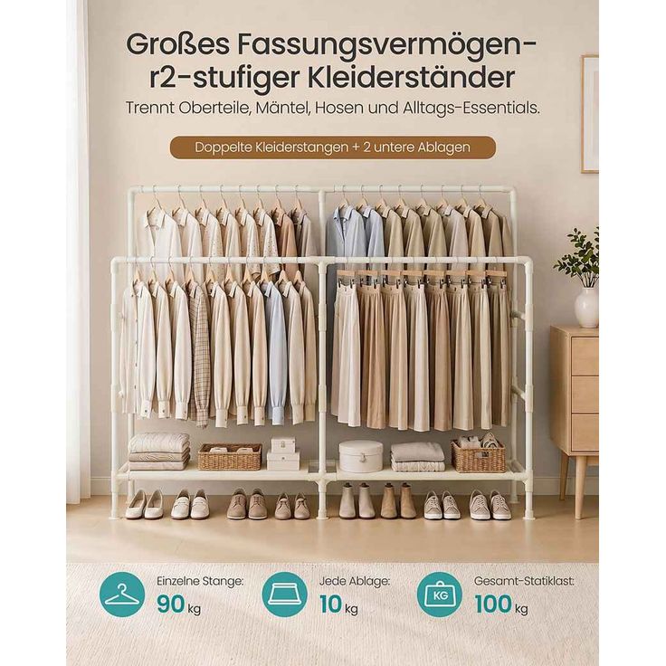 SONGMICS Kleiderständer mit Doppelstange und 2 Ablagen, Belastbar bis 100 kg, 163 x 45 x 156 cm, Weiß – Bild 3