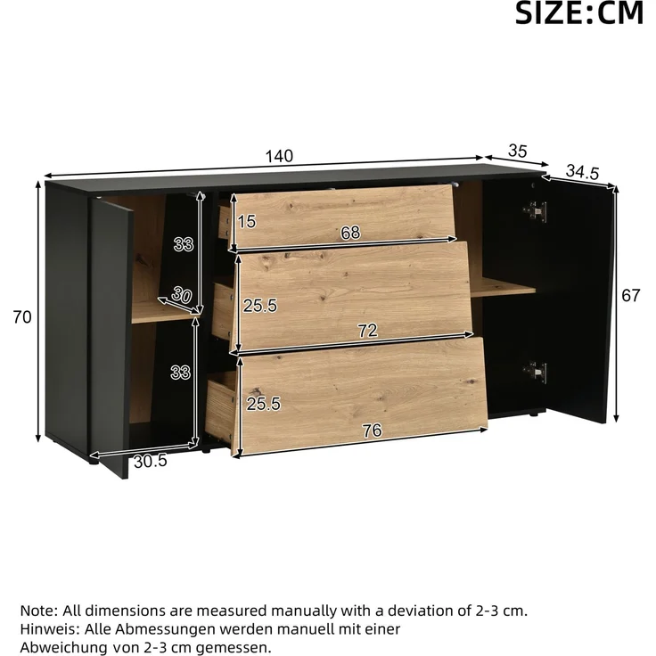 DESVIAE Sideboard Schwarz/Naturholzoptik aus MDF/Spanplatte – 140x70x35 cm – 3 Schubladen, 2 Türen – Bild 10