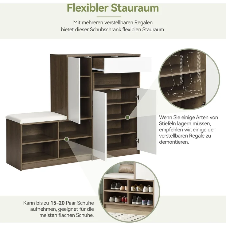 Merax Schuhaufbewahrungsbank & Schuhschrank, Schuhbank, multifunktionales Schuhregal mit gepolstertem Sitz, mit verstellbaren Regalen, weiß – Bild 7